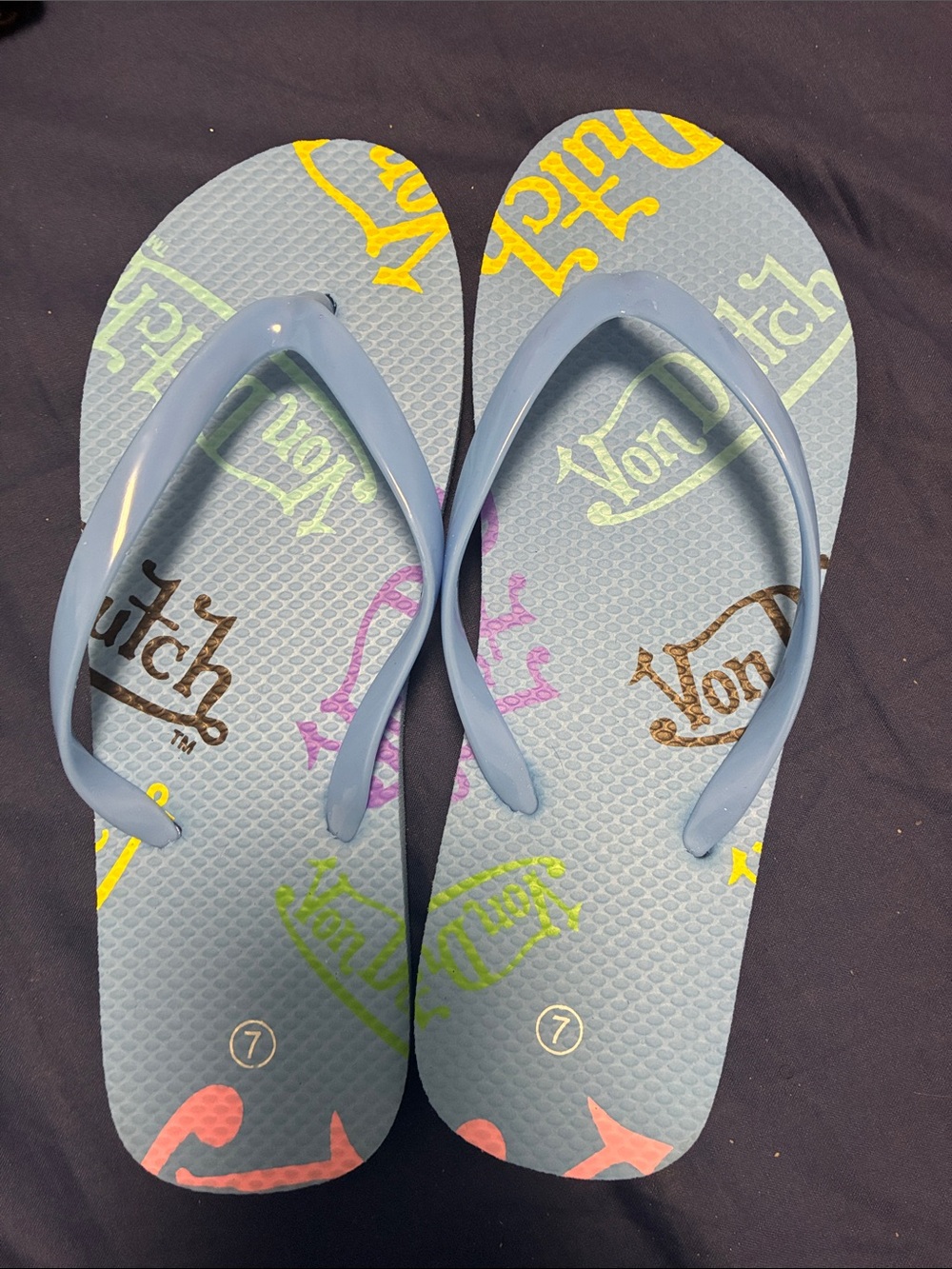 Von Dutch Light Blue Flip Flop Sandals with Multicolor Logo Prints